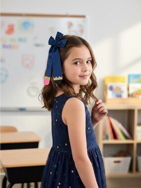 Handmade Navy Blue Pencil Hair Bow Back to School Clip
